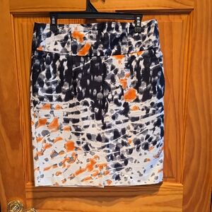 Premise Abstract Print Pencil Skirt in White, Black & Orange